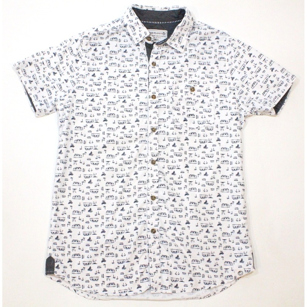 Free Planet Mens Small Short‎ Sleeve Button Down Surf Van Palm Tree Print Shirt